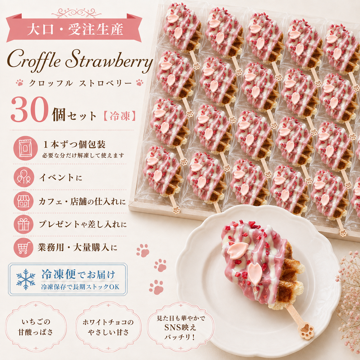 【大口・受注生産】Croffle Strawberry/クロッフル ストロベリー　30個セット【冷凍】